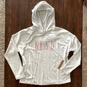 Rae Dunn Soft Hoodie Sweatshirt BLESSED Eye Mask XS Gray NWT